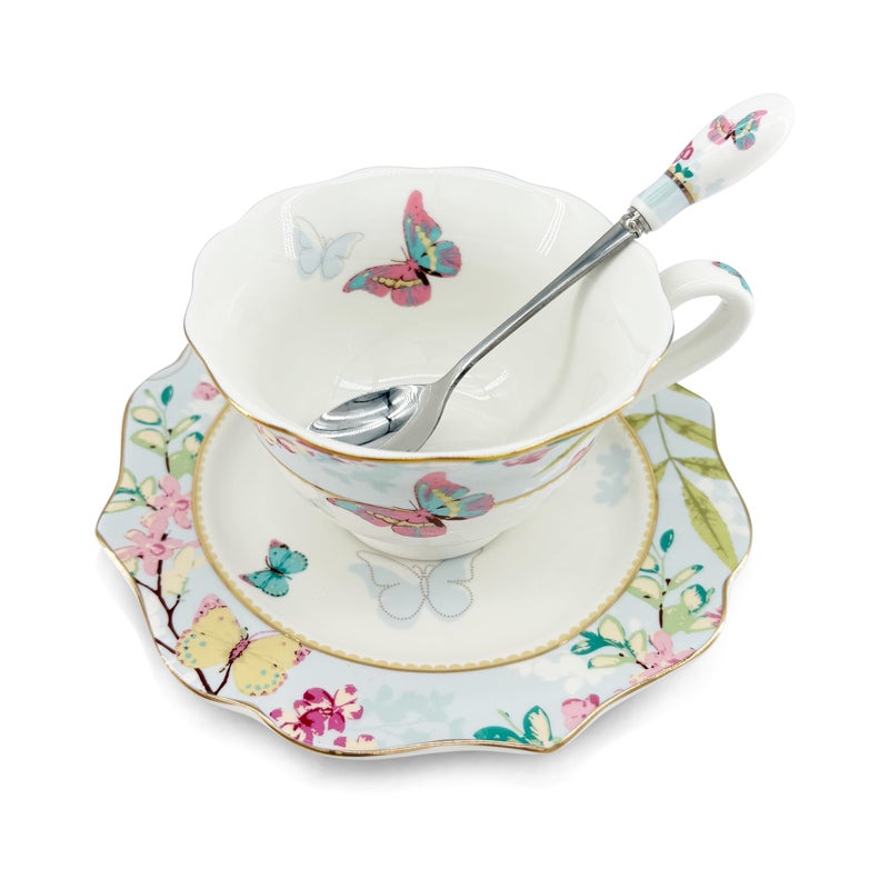 Krysclove Vintage Ceramic Teacup, Elegant Coffee Cup, Royal Bone Tea Cups with Spoon and Saucer Set (Blue) - Image 2